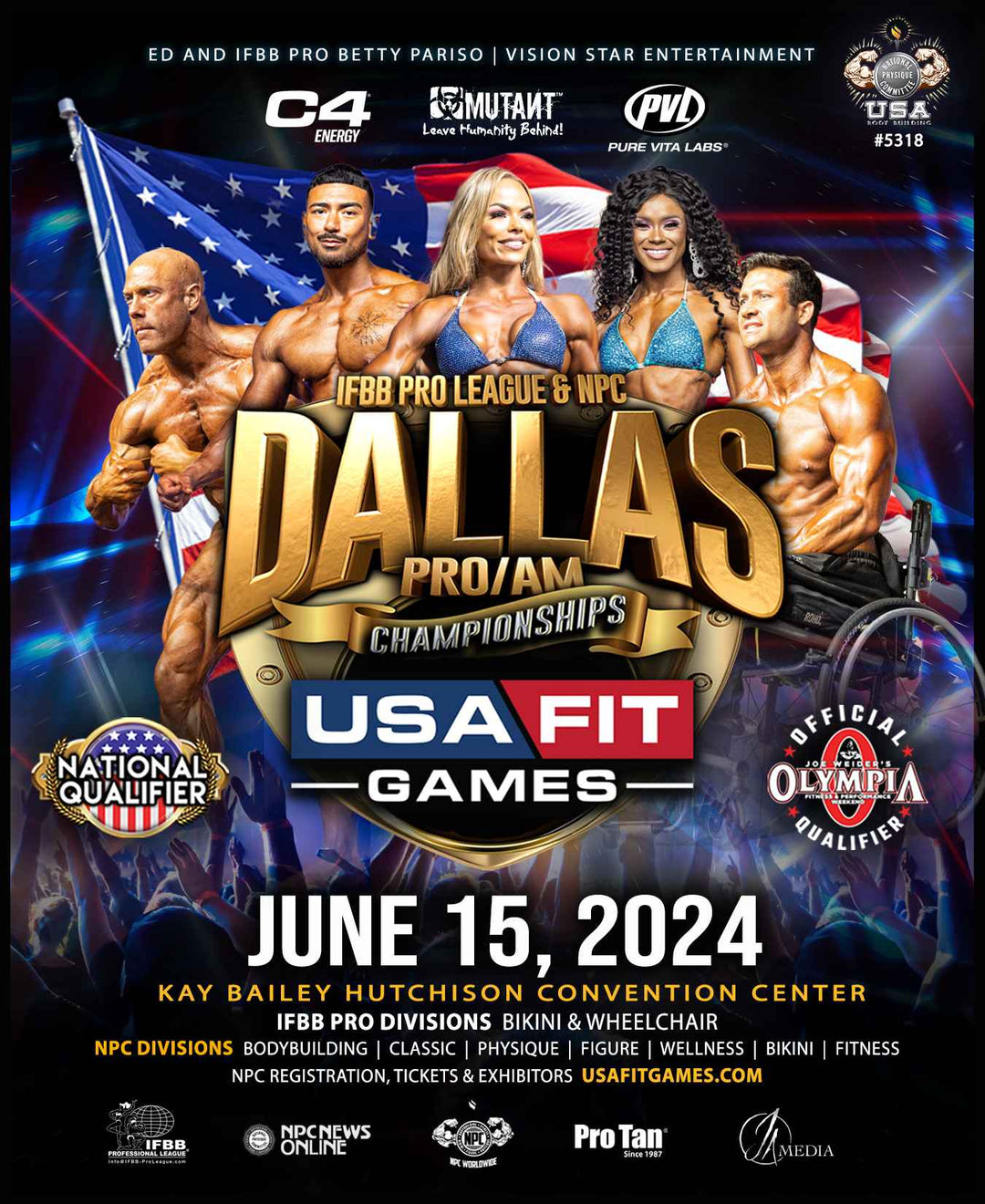 Poster for the IFBB/NPC Dallas Championships featuring athletes posing, event details, and logos, highlighting tanning package services for the USA Fit Games.