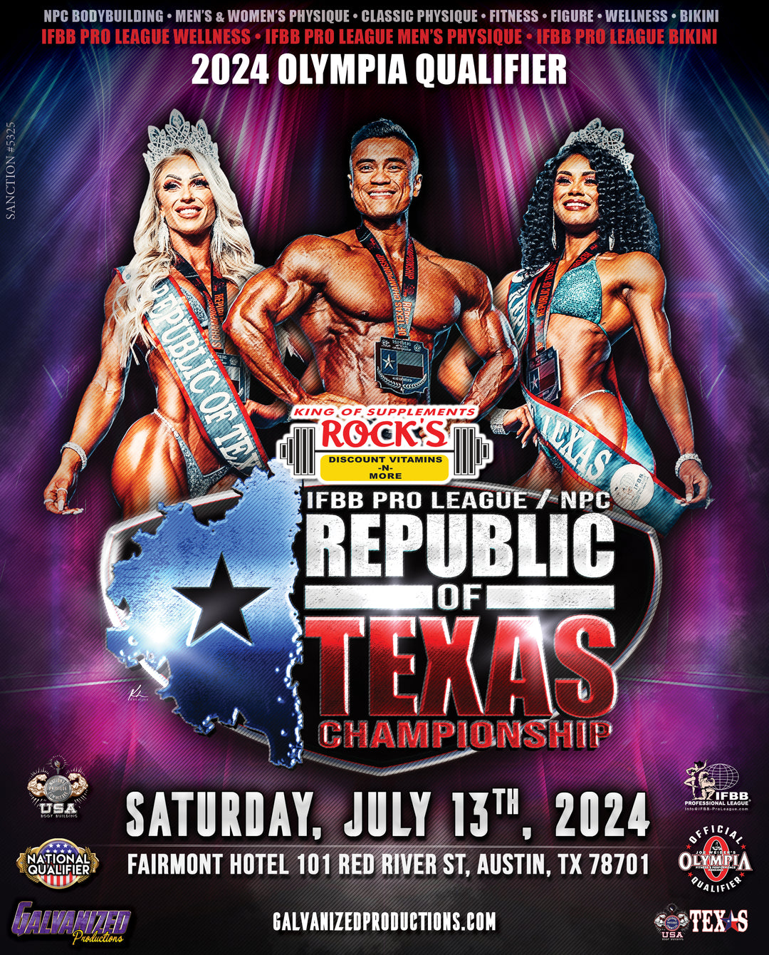 Group photo poster for IFBB Pro League/NPC Republic of Texas Championships, featuring contestants, including women with sashes and a crown, promoting tanning packages.