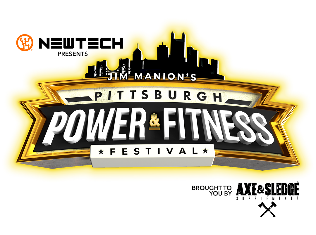 Logo for IFBB Pro League/NPC Pittsburgh Power + Fitness Festival, featuring bold text and city silhouette, promoting tanning packages for the event.