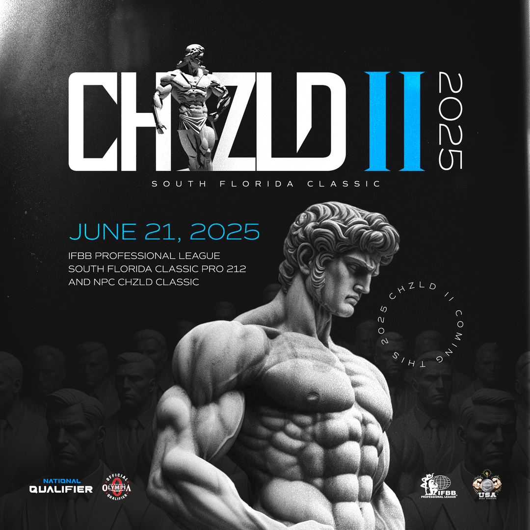 Promotional image for IFBB Pro League & NPC South Florida Classic, depicting bodybuilding statues, emphasizing the competition's focus on physique and tanning packages in Boca Raton.