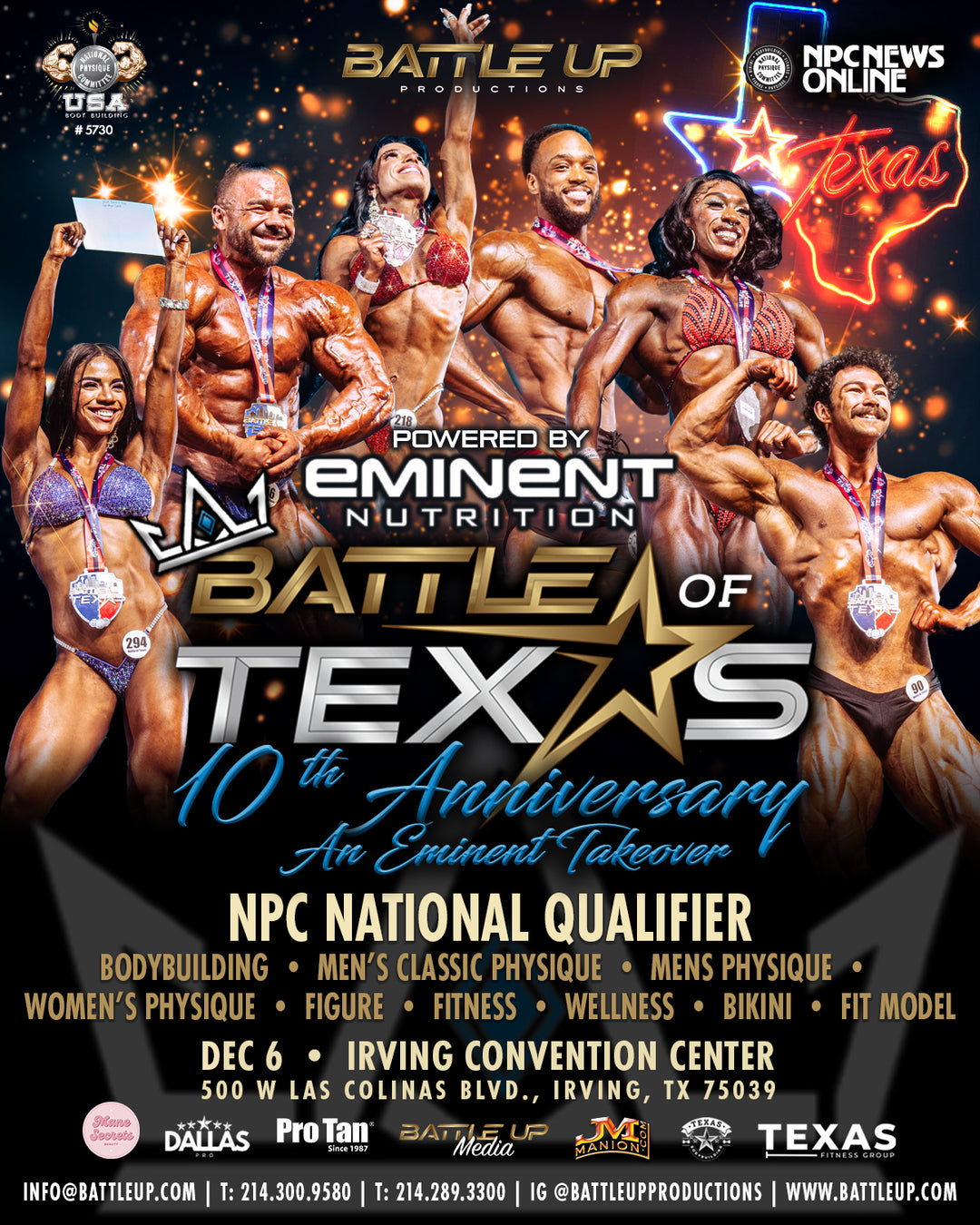 NPC Battle of Texas tanning package includes base and top coat applications, with optional extra base coat, plus backstage services like color touch-ups and suit glue.