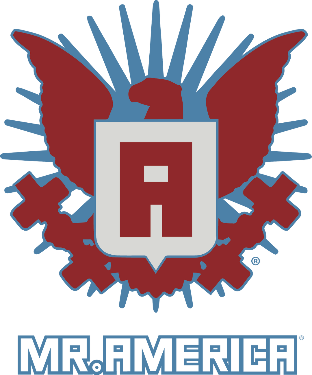 Mr. America logo with red and white emblem, associated with Pro Tan®'s tanning package, featuring base and top coat applications and backstage services.