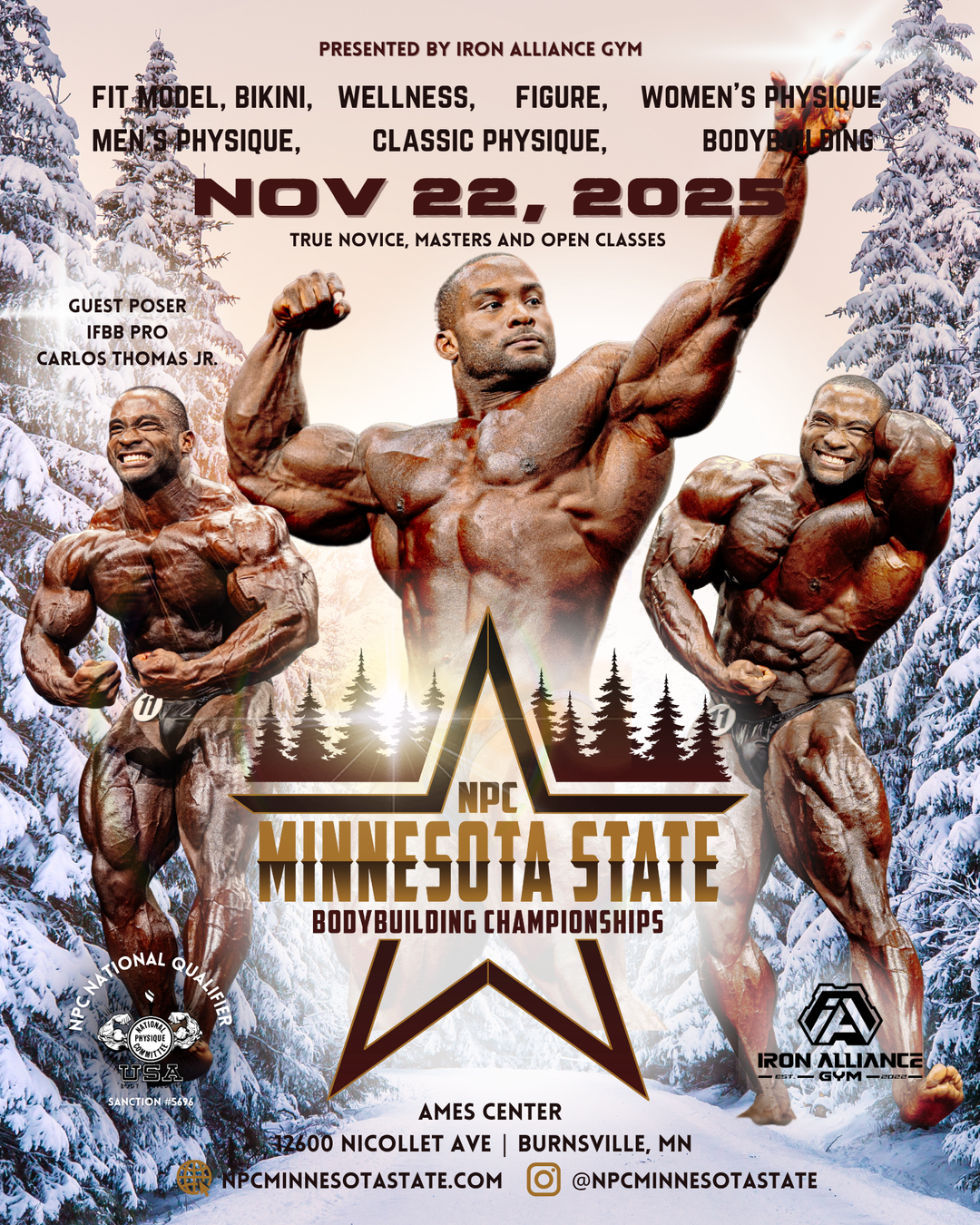 Promotional poster for NPC Minnesota State Championships 2025, featuring bodybuilders posing, event details, and tanning package information from Iron Alliance Gym.
