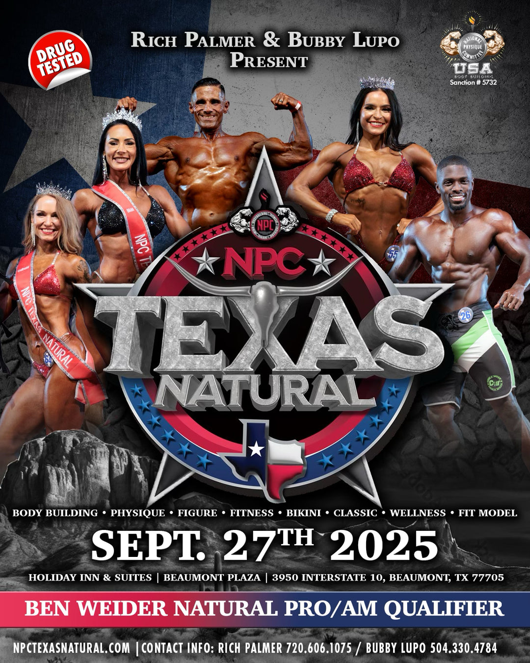 NPC Texas Natural tanning package promotion featuring group photo; highlights tanning services with base and top coat applications, suitable for bodybuilding contests.