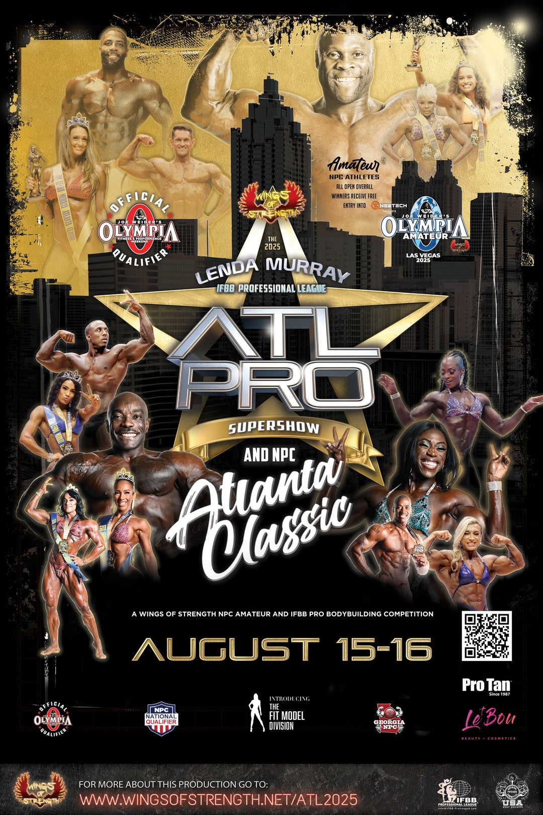 Poster for IFBB Pro League & NPC Atlanta Pro/Am featuring bodybuilder flexing muscles, highlighting Pro Tan® tanning packages for competition prep.