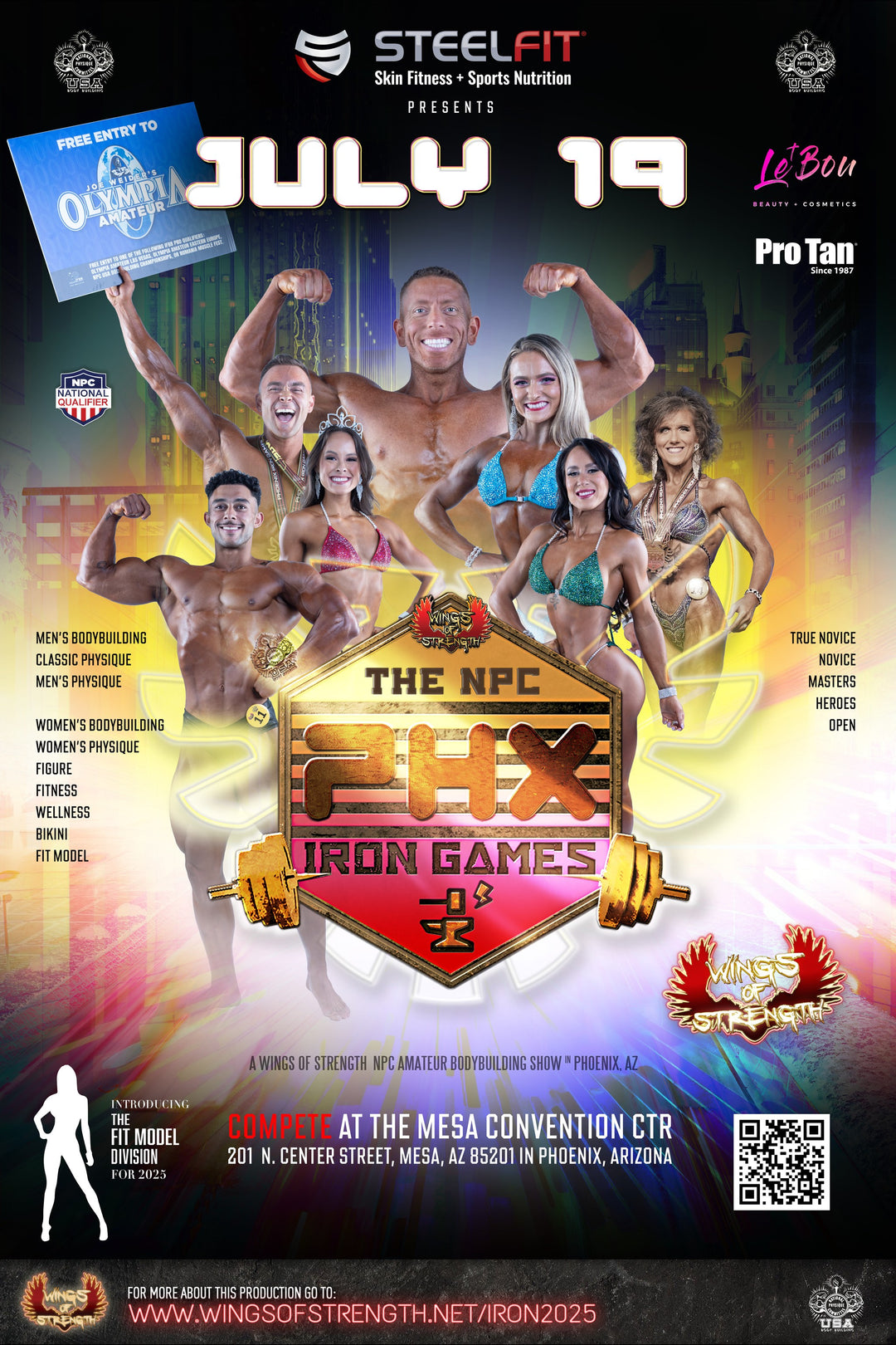 Poster for NPC Phoenix Iron Games featuring a group photo and details about Standard and Standard PLUS tanning packages available for contest participants.