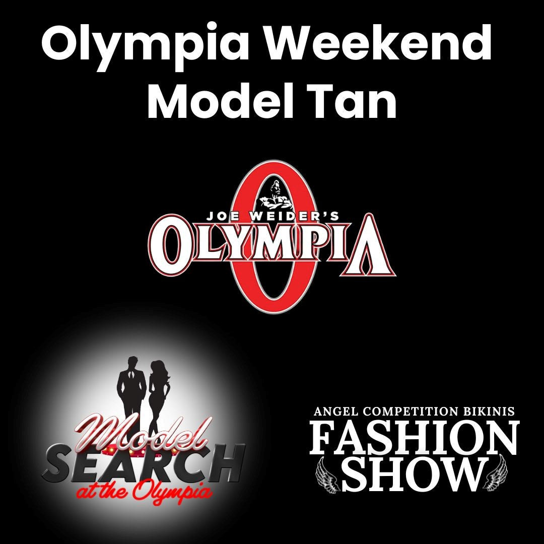 Olympia Model Tanning package promotion featuring logos and a silhouette, highlighting tanning services for competition participants in Las Vegas, including multiple application options.
