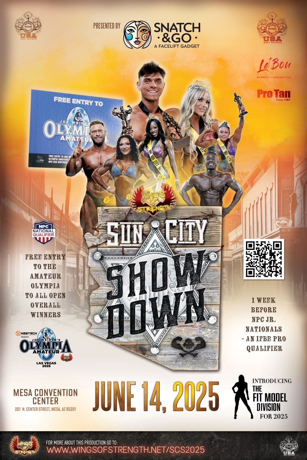 Poster for NPC Sun City Showdown featuring a group photo, QR code, and event details; promoting tanning packages for the Mesa, Arizona contest.