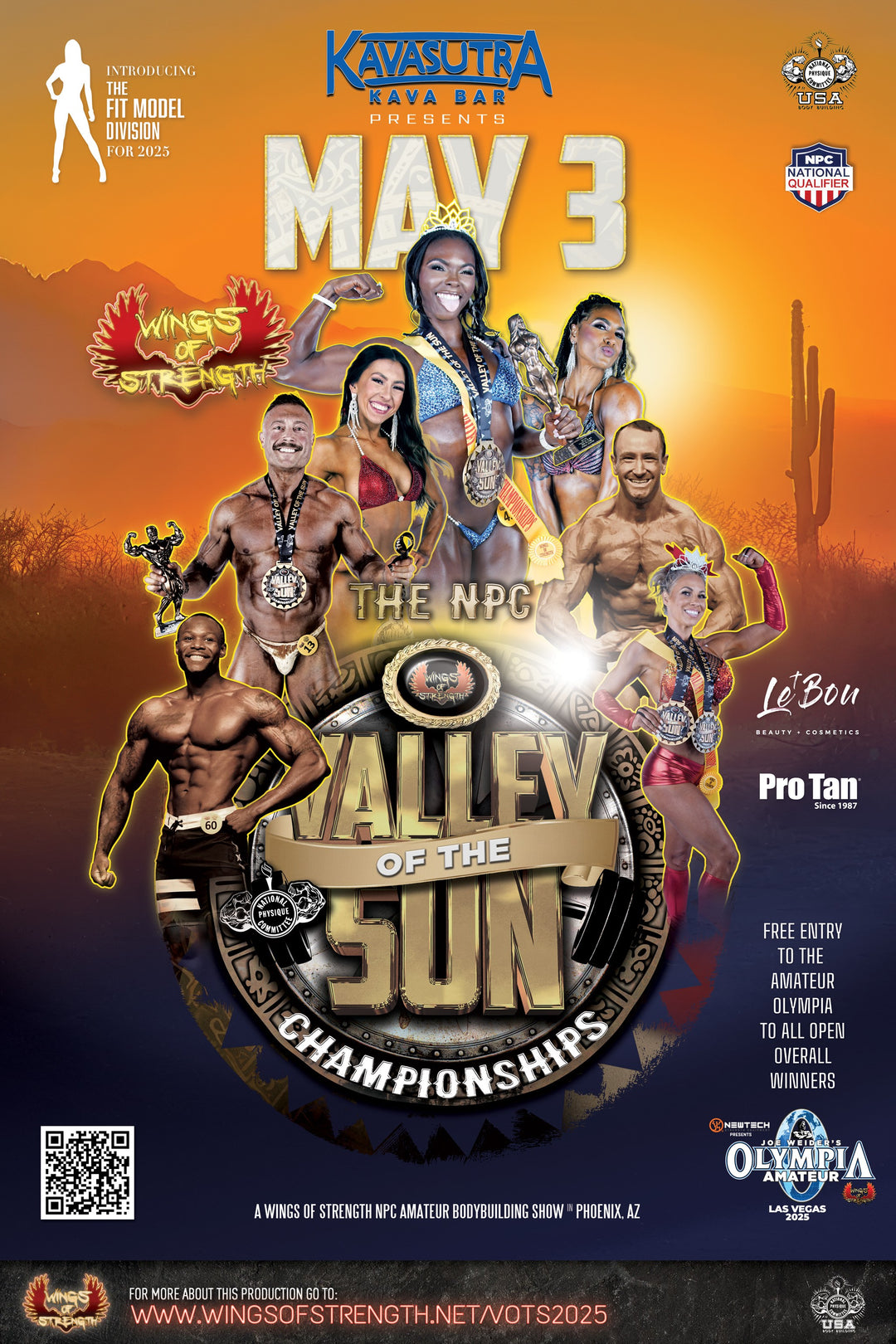NPC Valley of the Sun poster featuring individuals posing, highlighting the event's tanning package offerings and schedule details.