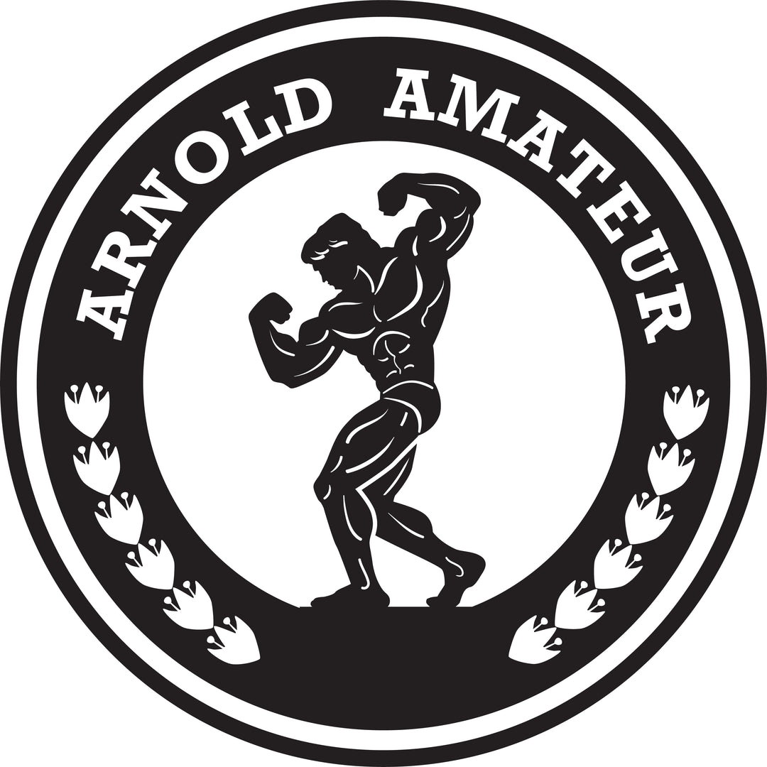 Logo of Arnold Amateur featuring a muscular man flexing, symbolizing strength and fitness, related to a tanning package offered at a bodybuilding event.