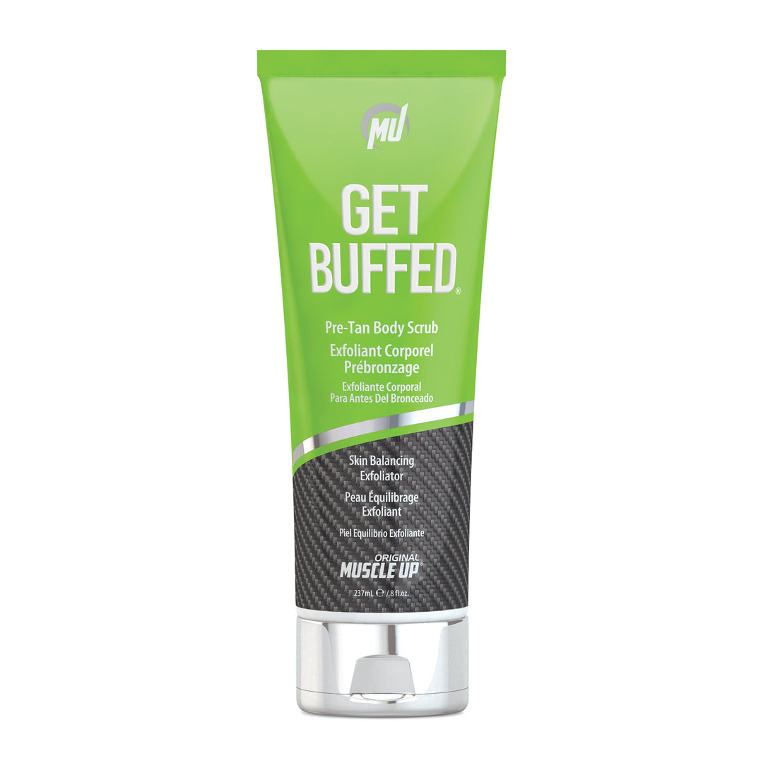 Get Buffed® Pre-Tan Body Scrub in a sleek tube, designed to enhance sunless tanning and balance skin's pH with natural exfoliators.