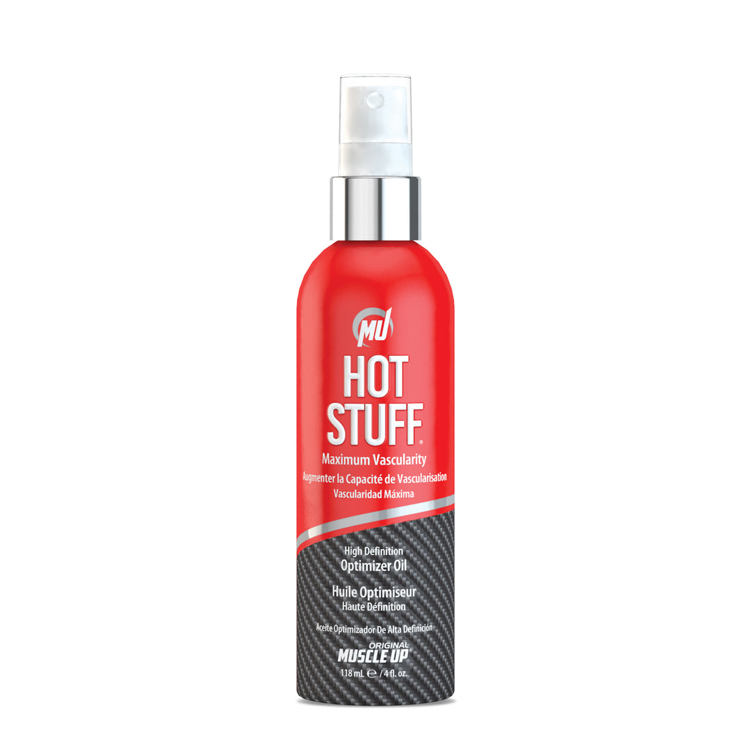 Hot Stuff® High Definition Optimizer Oil in a red spray bottle, designed to enhance vascularity and provide a warming effect with natural oils.