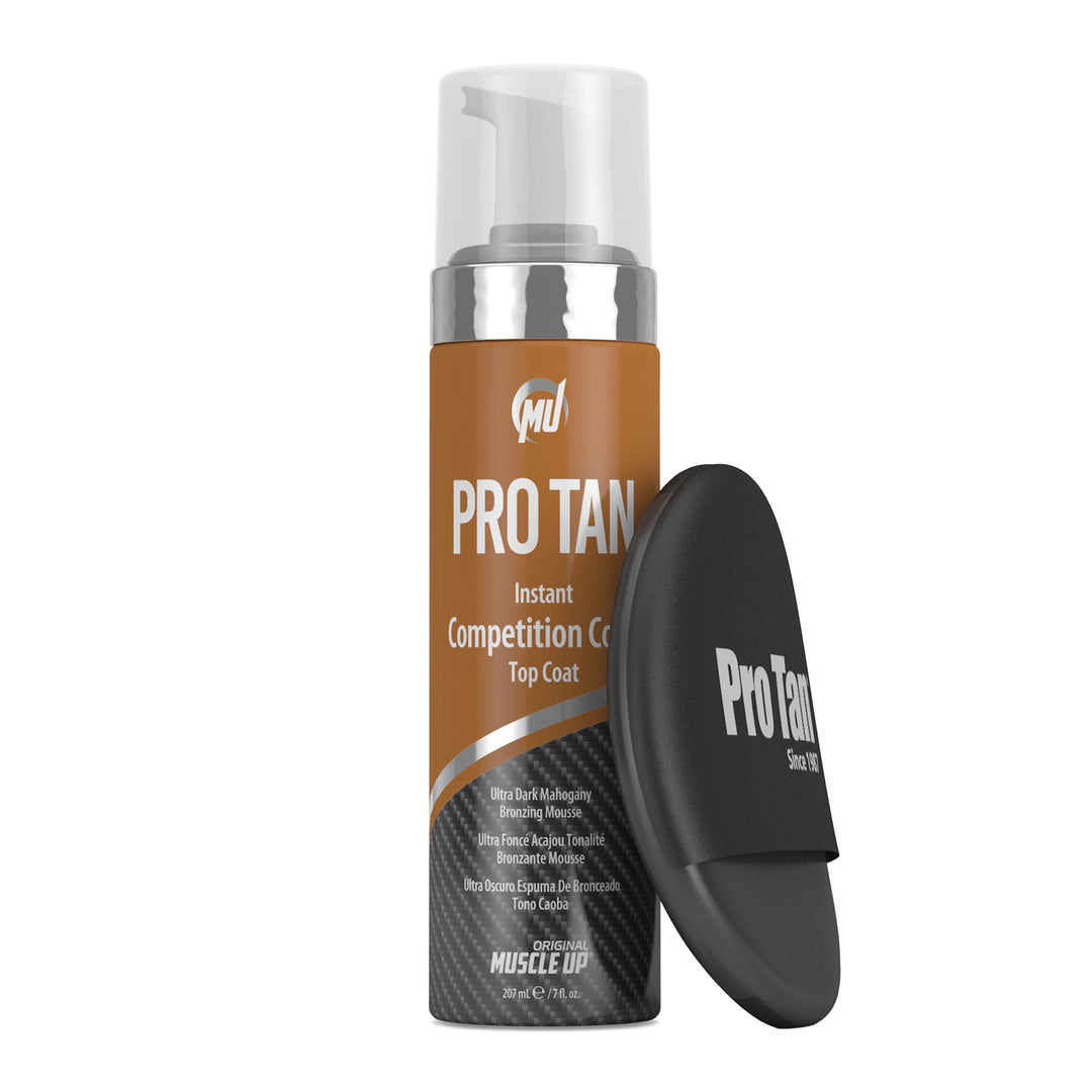 Instant Competition Color® Top Coat in a tan spray bottle with lid, featuring a non-streaking formula for ultra-dark bronzing. Includes Pro Tan® Applicator Sponge.