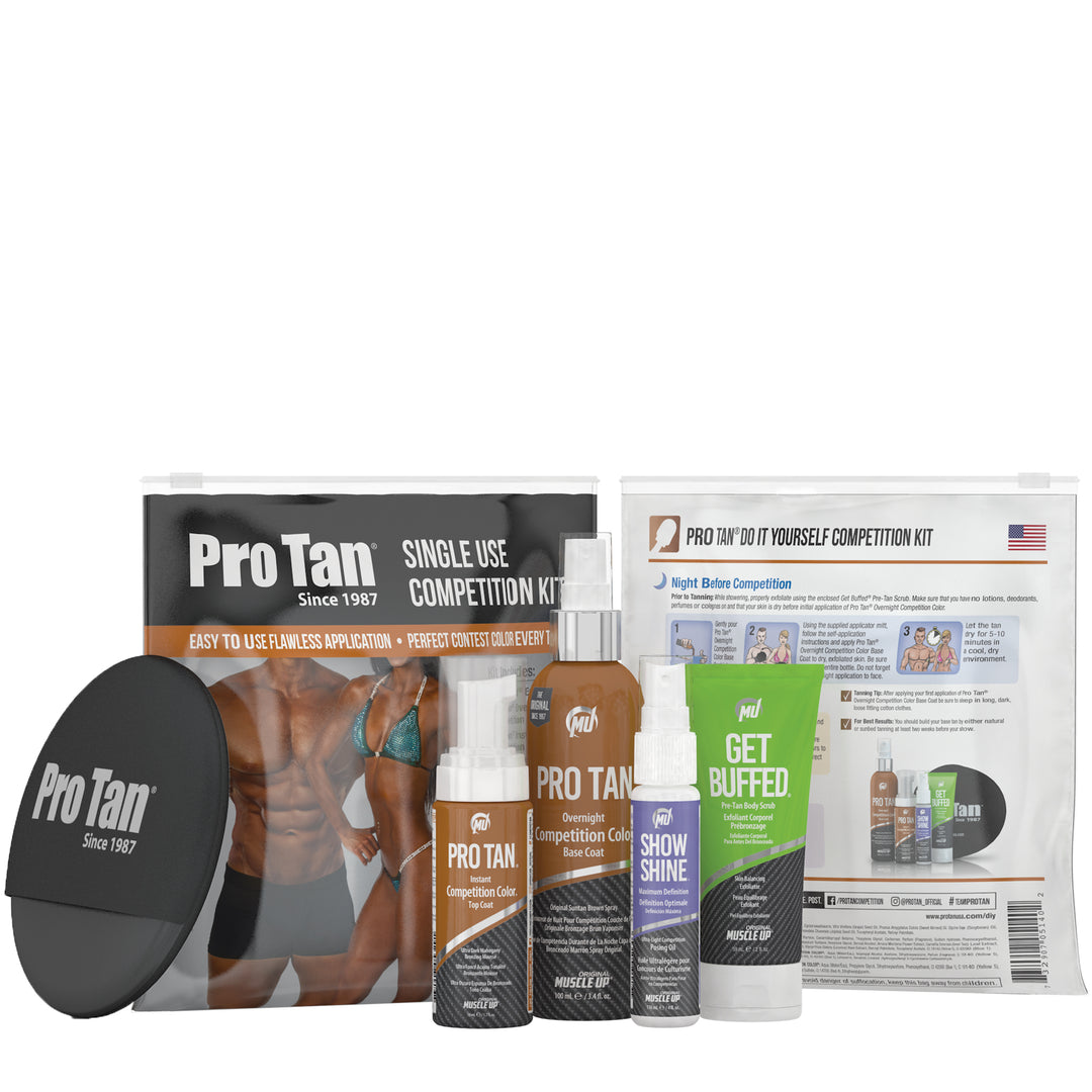 D.I.Y. Single Show Mini Kit featuring Pro Tan® tanning products, including exfoliator, base coat, top coat mousse, posing oil, and applicator sponge, ideal for athletes.