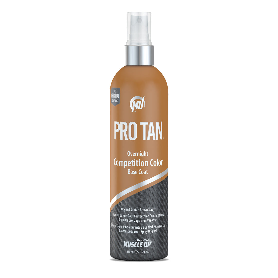 Overnight Competition Color® tan spray bottle with clear cap, known for its streak-free, quick-drying formula for a deep, long-lasting tan. Includes applicator sponge.