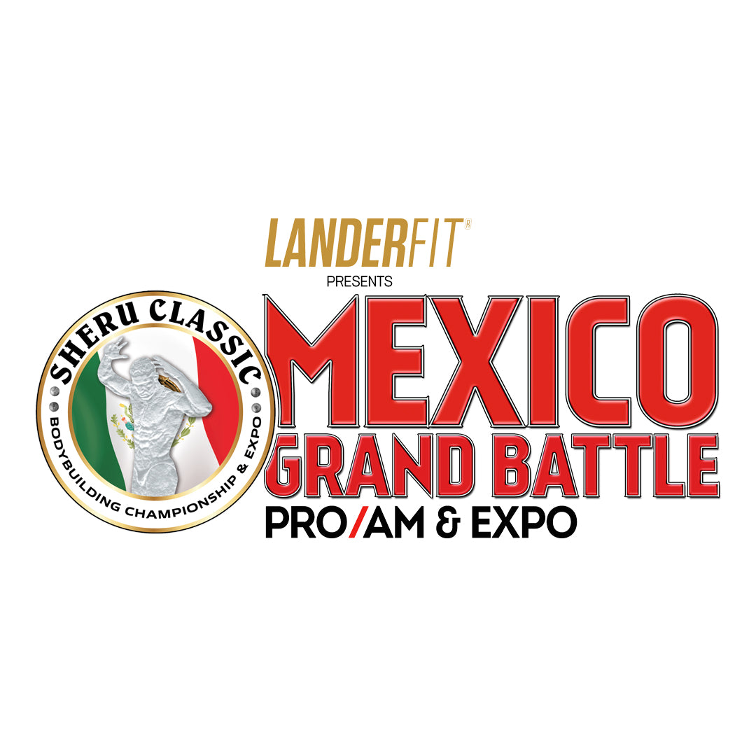 Logo for the Mexico Grand Battle featuring a silver statue of a man with raised arms, surrounded by bold text indicating the event's details.
