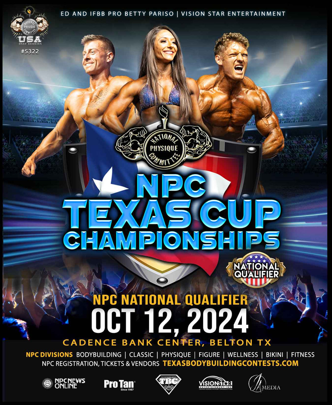 NPC Texas Cup Championships poster featuring a muscular man, highlighting tanning services offered for bodybuilding participants, with details on registration and scheduling.