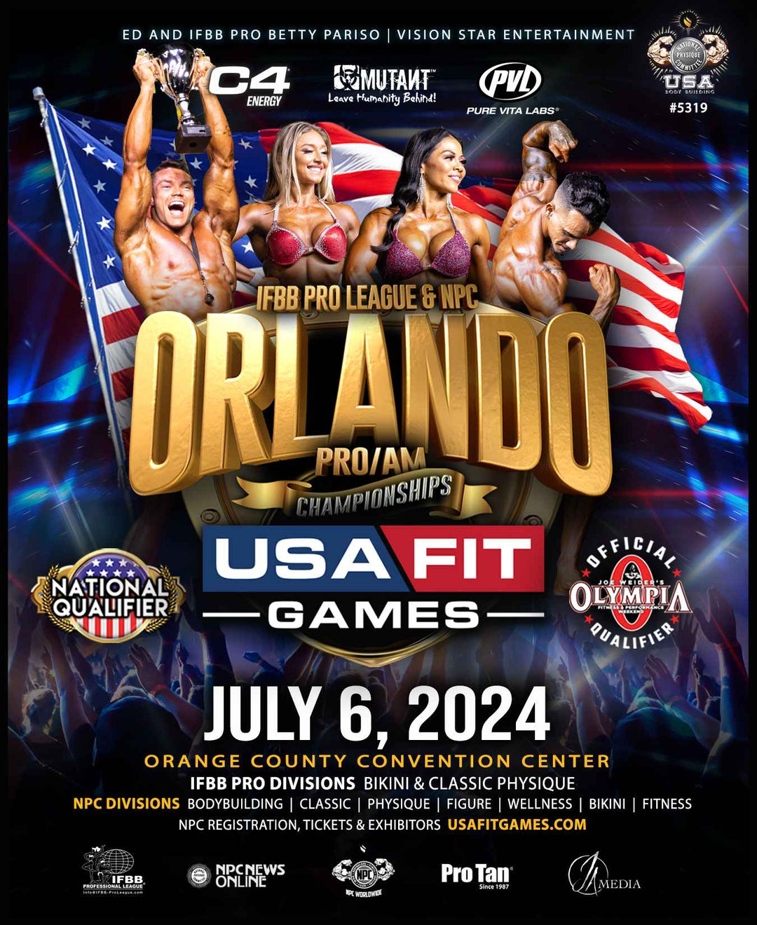 IFBB/NPC Orlando Championships poster featuring athletes and event details, promoting tanning services with walk-up appointments available at the convention center.