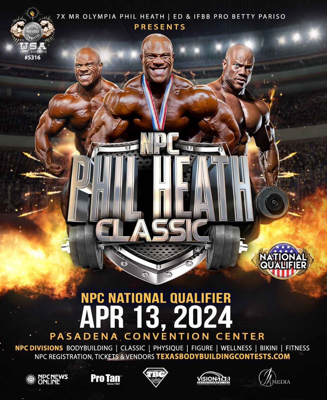 NPC Phil Heath Classic poster featuring bodybuilding elements, including muscular athletes, event details, and a logo, highlighting the competition's tanning package availability and registration details.