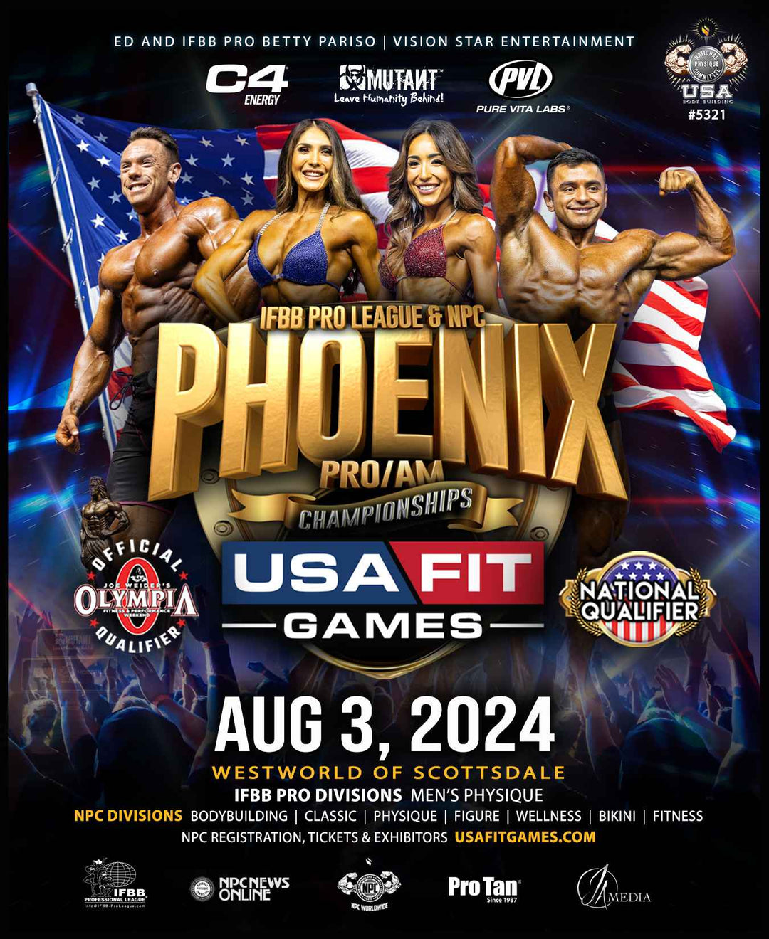 Poster for IFBB/NPC Phoenix Championships featuring competitors, logos, and event information, promoting walk-up tanning appointments at WestWorld of Scottsdale.