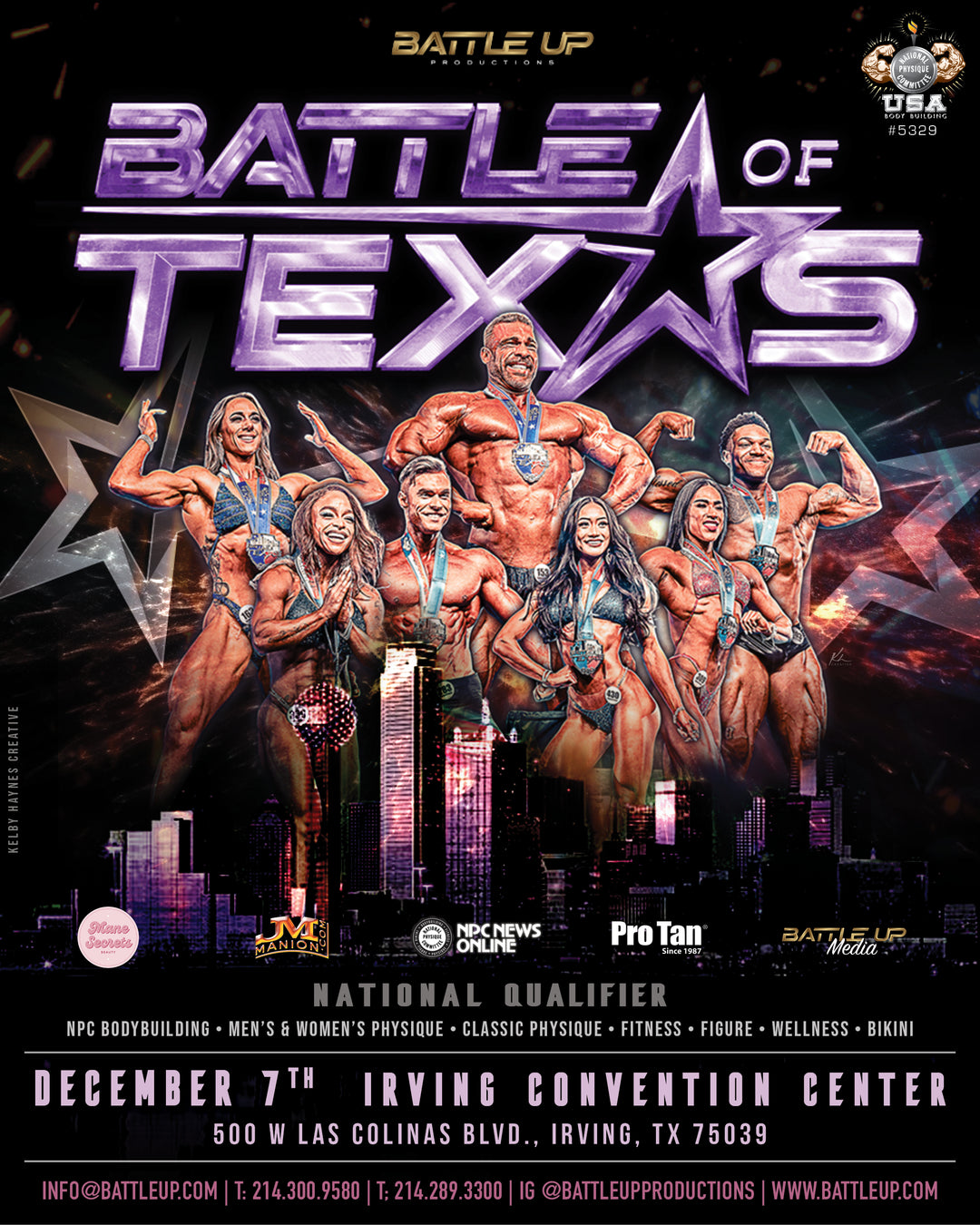 NPC Battle of Texas poster featuring a group of people, including a man with a medal, promoting Pro Tan® tanning packages for the Dallas contest.