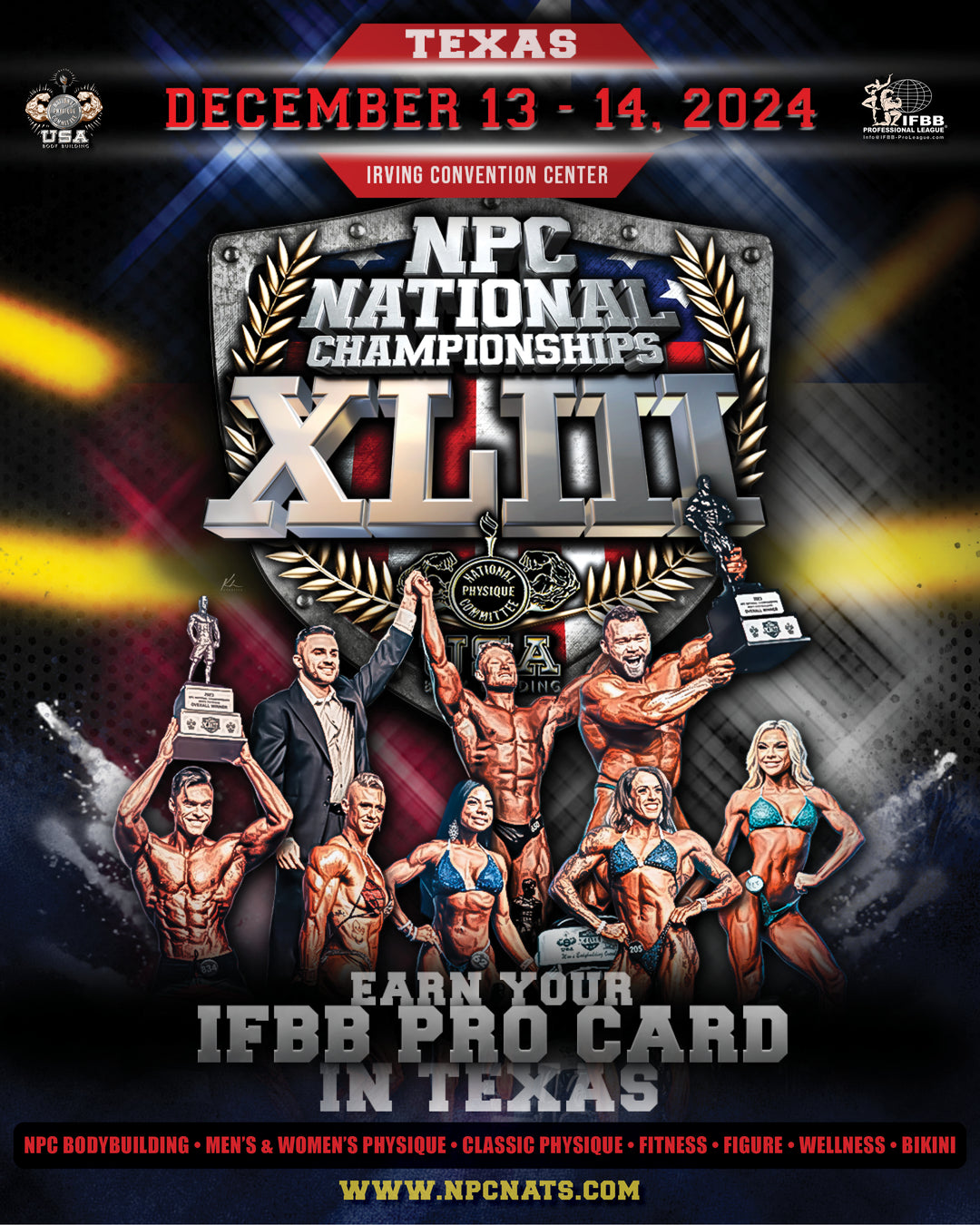 Poster for NPC National Bodybuilding Championships featuring a group of people posing, highlighting Pro Tan® tanning packages available for the event.