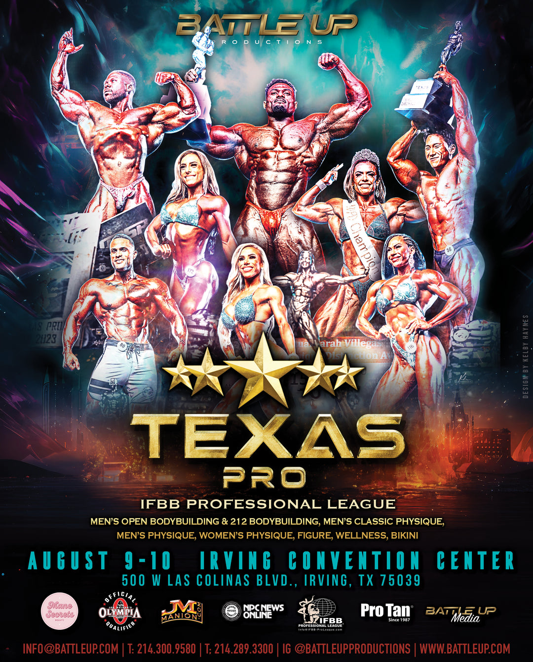 Poster for NPC Texas Classic & IFBB Pro League Texas Pro, featuring a group photo and text about tanning packages and walk-up appointment details.