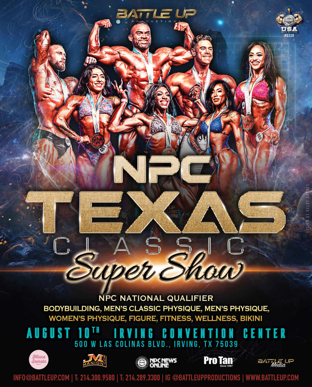 NPC Texas Classic & IFBB Pro League Texas Pro promotional poster with people posing, highlighting tanning package details and walk-up appointment information.