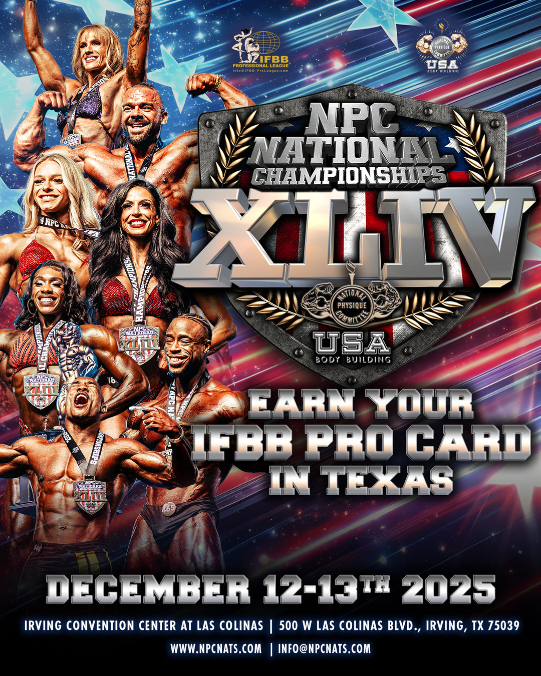 Promotional poster for NPC National Bodybuilding Championships XLIV featuring muscled competitors, event details, and Pro Tan tanning package information for the December event in Texas.