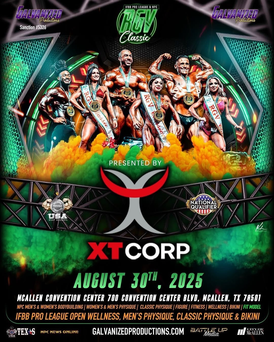 IFBB Pro League/NPC RGV Classic poster featuring athletes on stage, event details, and tanning package info by XT Corp for August 30, 2025, at McAllen Convention Center.