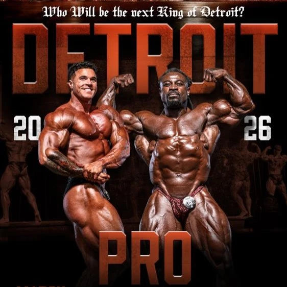 Bodybuilders posing on Detroit Pro 2026 poster, promoting Pro Tan® tanning packages for contestants, with booking details and affiliate makeup services mentioned.