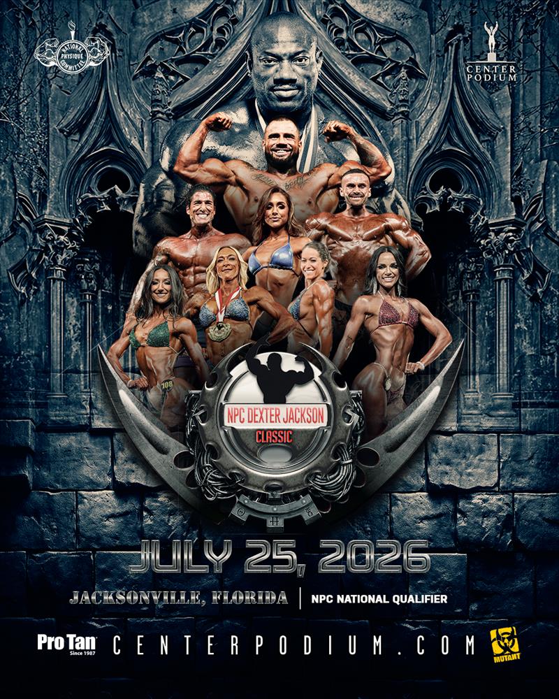 Promotional poster for the NPC Dexter Jackson Classic bodybuilding show featuring Dexter Jackson, competitors, event details, and sponsor logos, highlighting Pro Tan's tanning package offer.