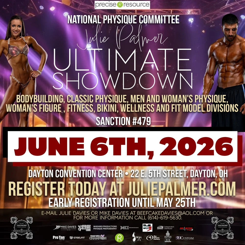 NPC Julie Palmer Showdown poster featuring male and female competitors, event details, and Pro Tan® tanning package information for June 6, 2026, in Dayton, Ohio.