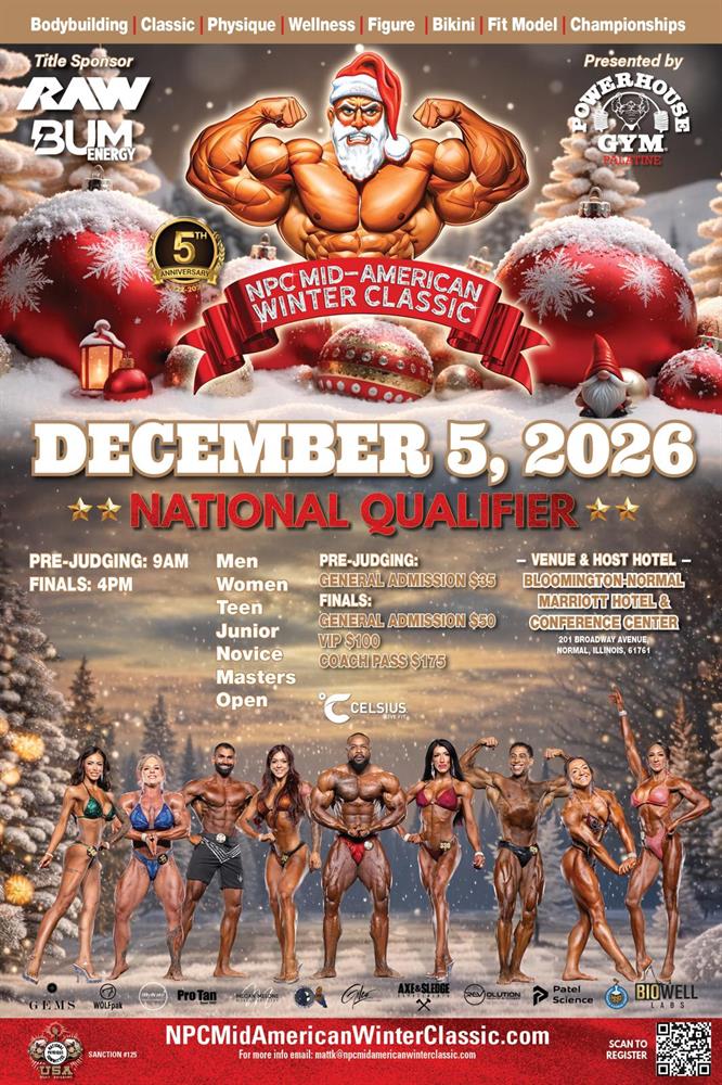 NPC Mid-American Winter Classic poster with muscle-bound Santa, competition details, sponsor logos, event date December 5, 2026, and venue information in a winter-themed setting.