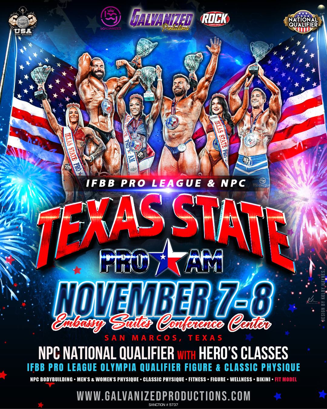 Athletes with trophies on stage at IFBB Pro League, NPC Texas State Pro/Am, and NPC Texas State Natural, promoting tanning packages for the bodybuilding competition.