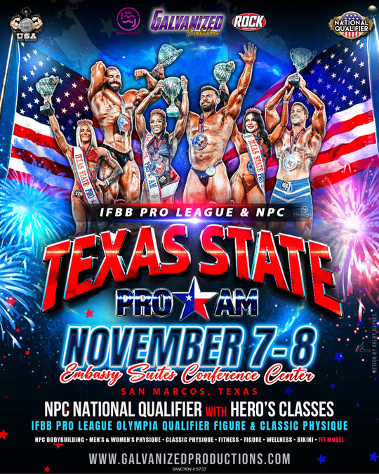 Athletes with trophies on stage at IFBB Pro League, NPC Texas State Pro/Am, and NPC Texas State Natural, promoting tanning packages for the bodybuilding competition.