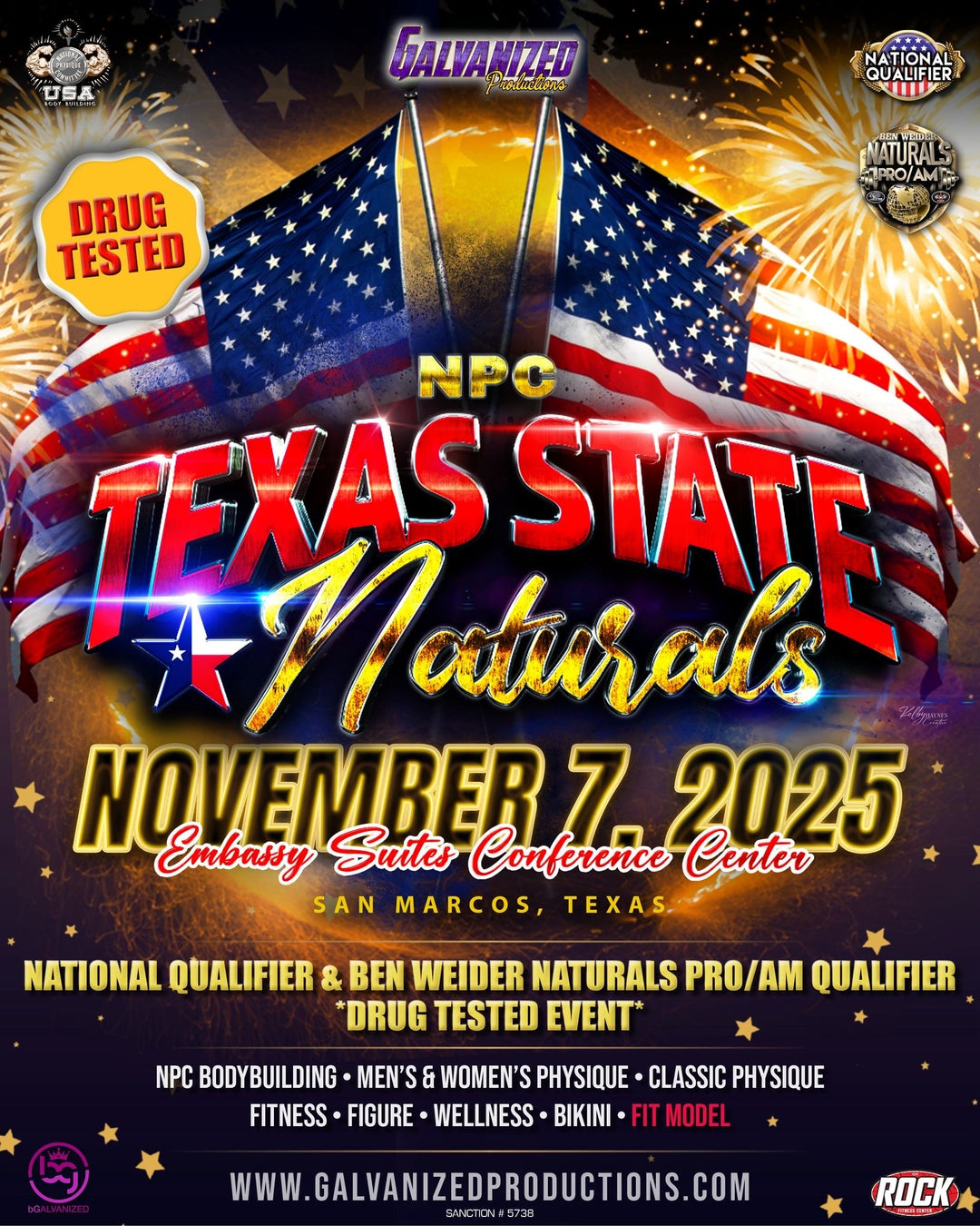 IFBB Pro League, NPC Texas State Pro/Am, & NPC Texas State Natural bodybuilding event poster highlighting divisions, drug-testing, and tanning package details for the November 7, 2025 competition.