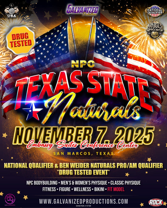 IFBB Pro League, NPC Texas State Pro/Am, & NPC Texas State Natural bodybuilding event poster highlighting divisions, drug-testing, and tanning package details for the November 7, 2025 competition.