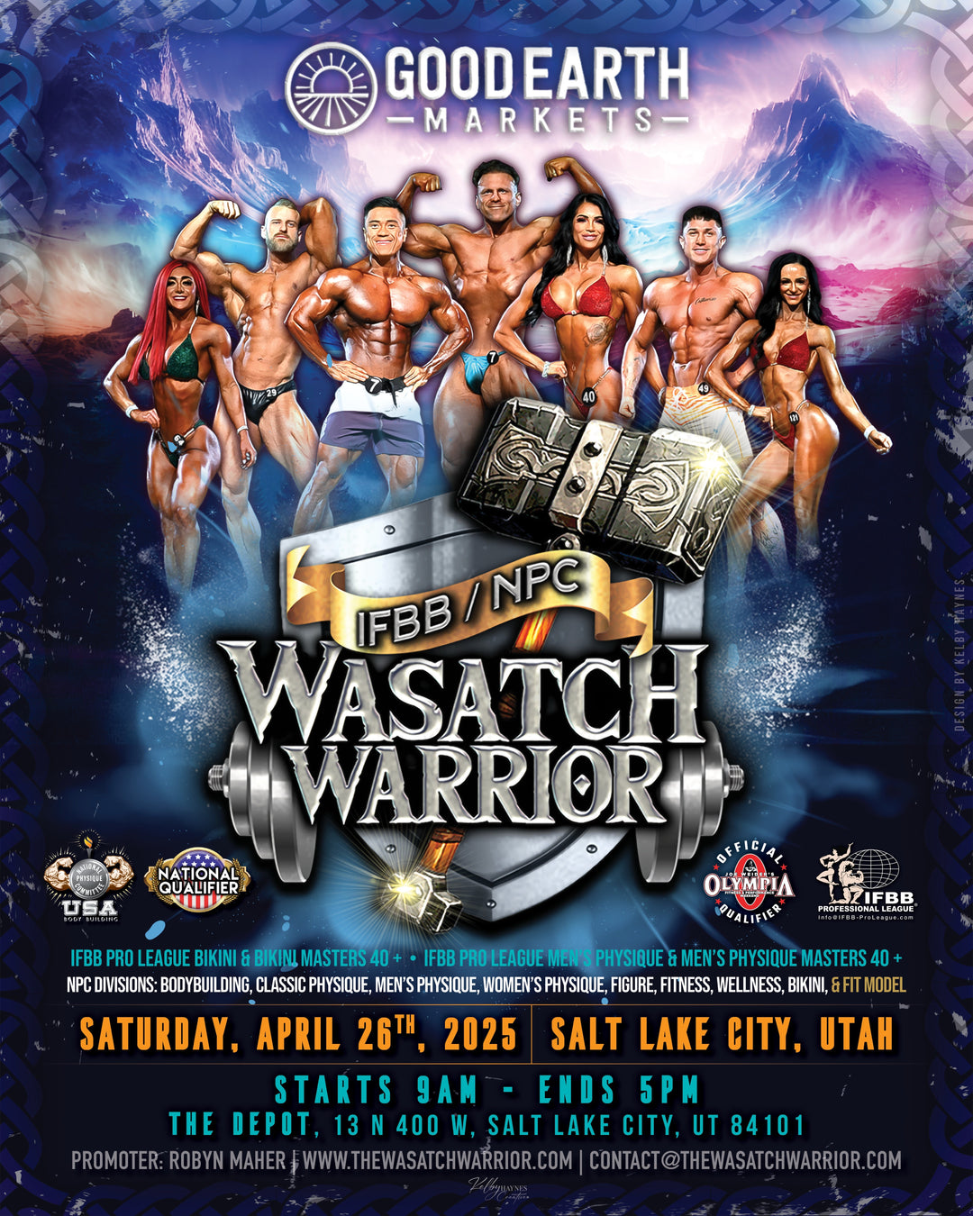 IFBB/NPC Wasatch Warrior poster featuring competition details, a posing man, women in garments, and a video game logo. Highlights tanning packages and walk-up appointments.