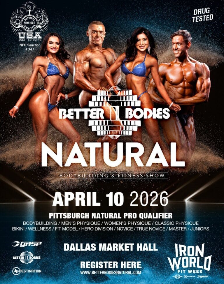 NPC Better Bodies Classic (Natural) promotional poster featuring muscular competitors, event details, and sponsor logos. Highlights bodybuilding divisions and tanning packages available for participants.