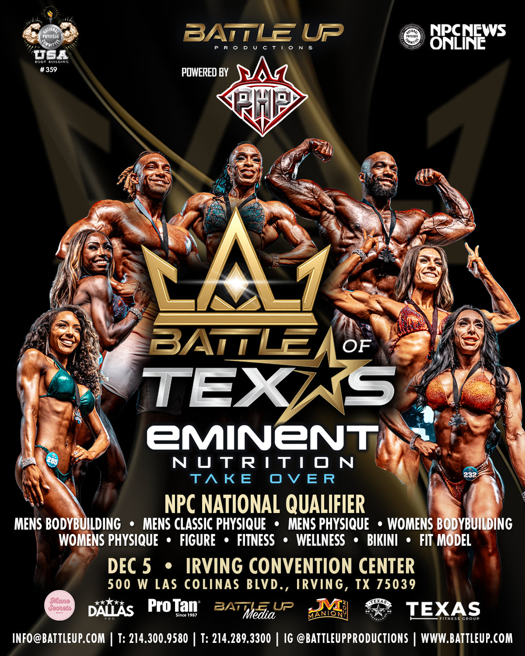 NPC Battle of Texas promotional poster featuring competitors, event details, sponsor logos, and tanning package info for the national-qualifier bodybuilding competition in Irving, Texas.