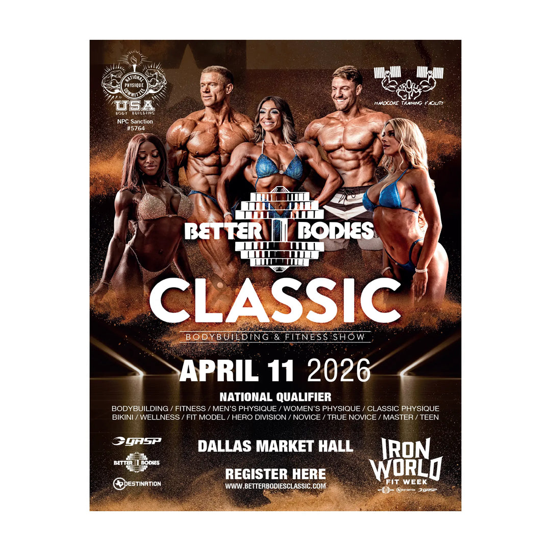 Promotional poster for NPC Better Bodies Classic 2026, showcasing muscular athletes, event details, sponsor logos, and tanning package information for competitors.