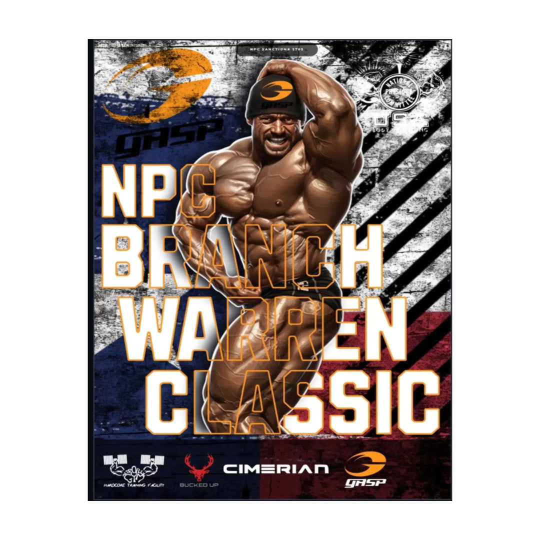 NPC Branch Warren Classic poster featuring a bodybuilder in a GASP beanie, promoting the event with sponsor logos. Includes tanning package details for competitors.