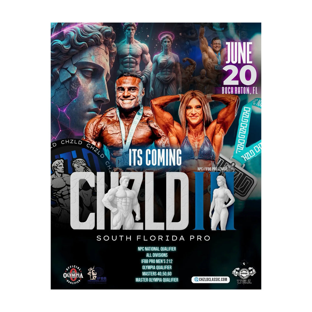Promotional poster for IFBB Pro League & NPC South Florida Classic Pro 212 & Chizld Classic Pro/Am featuring muscular competitors, event details, and logos.