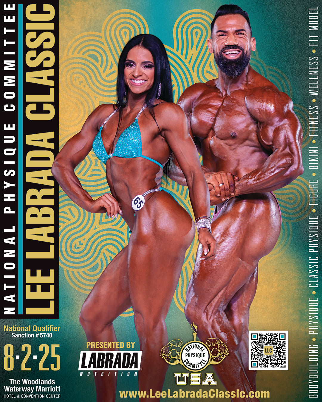 Man and woman posing, showcasing NPC Labrada Classic tanning package benefits, including base and top coat applications, essential for bodybuilding contests.