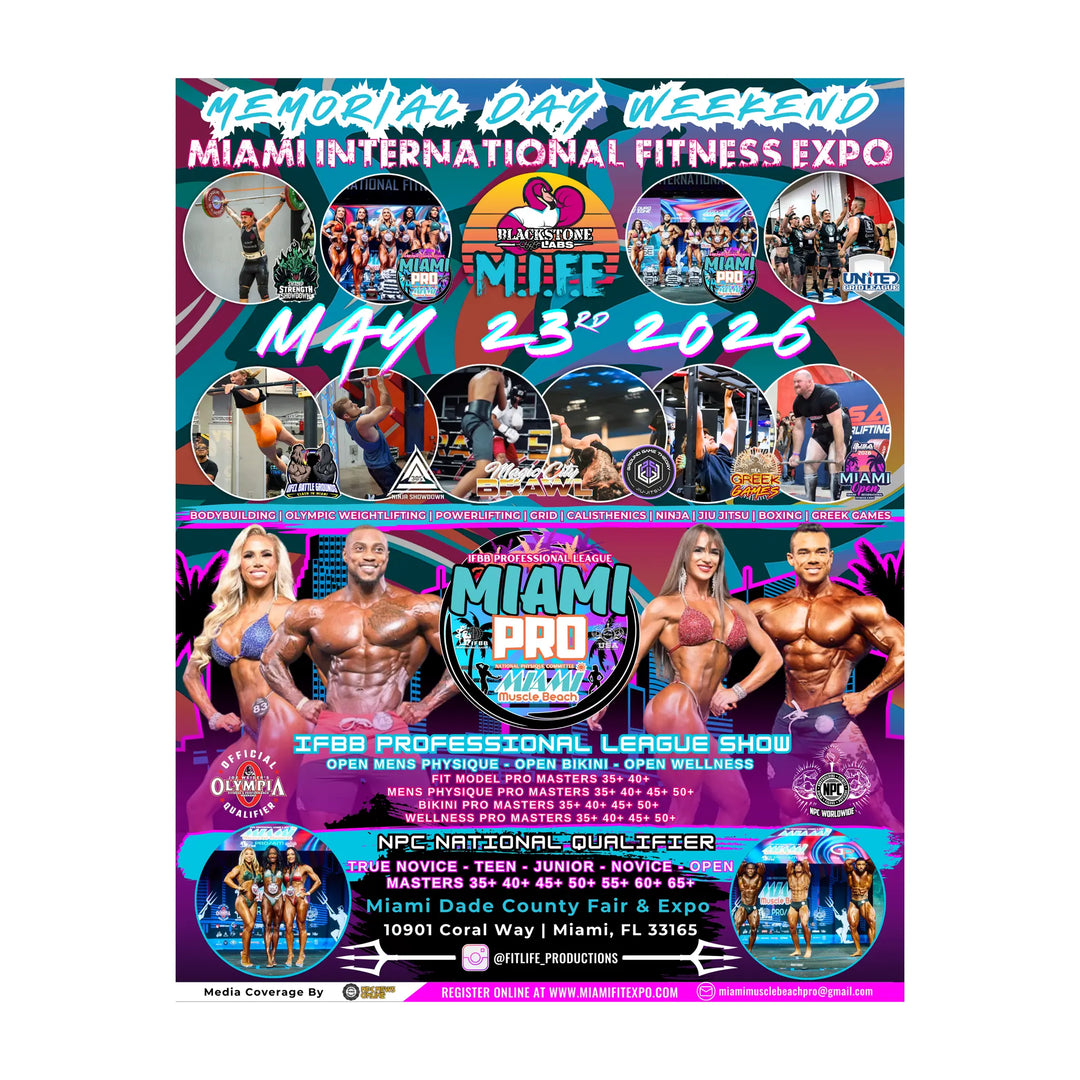 Poster for IFBB Pro League Miami Pro & NPC Miami Muscle Beach featuring athletes, event details, and registration info for a Memorial Day fitness expo in Miami.
