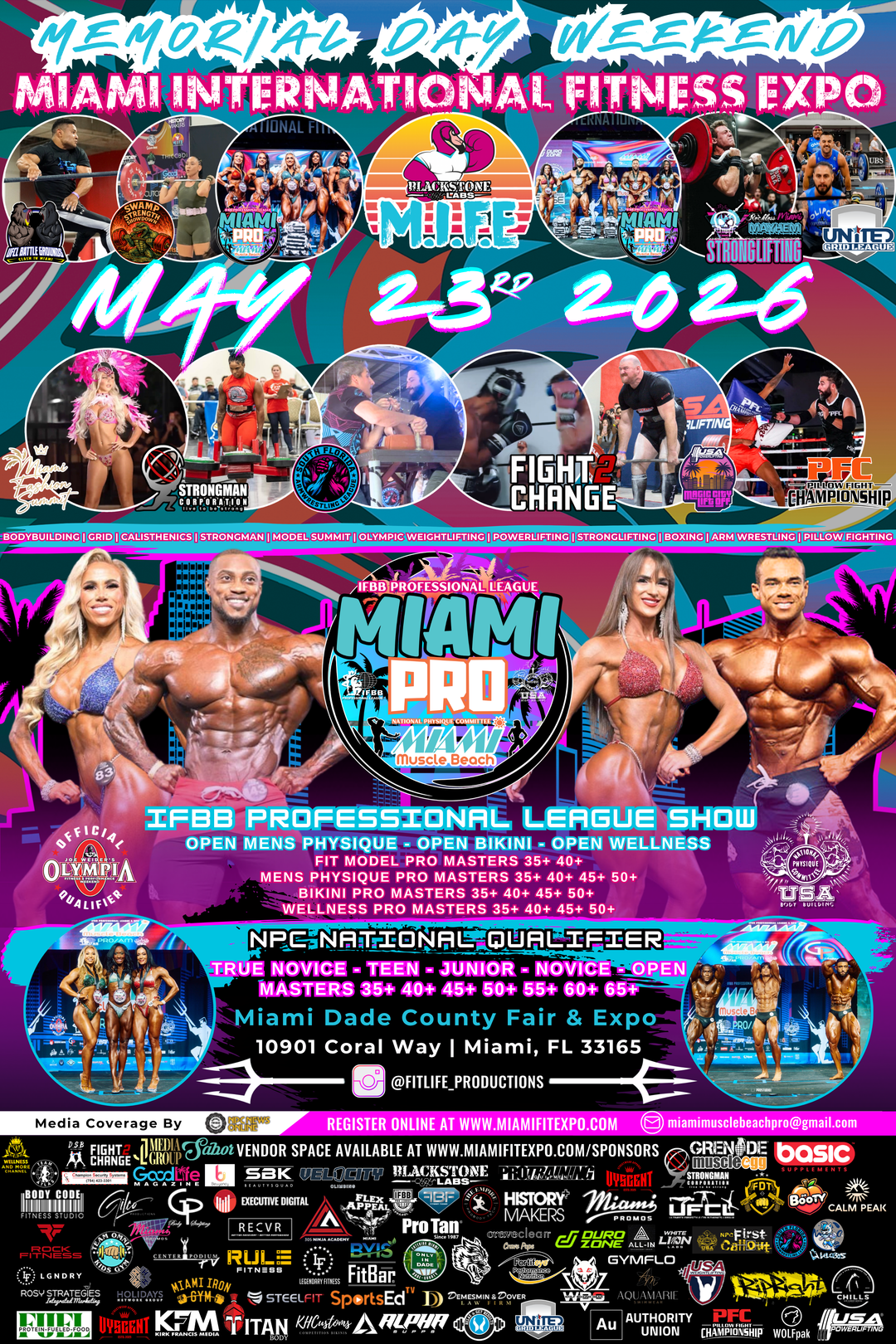 IFBB Pro League Miami Pro & NPC Miami Muscle Beach event poster: features competitions, dates, sponsors, and registration details for a Memorial Day fitness expo in Miami.