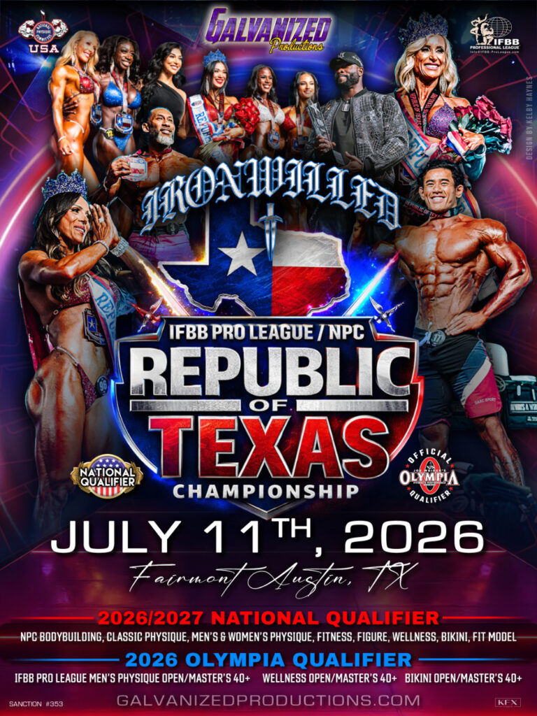 Promotional poster for IFBB Pro League/NPC Republic of Texas Championships featuring competitors, event details, and sponsors. Offers Pro Tan® tanning package options for participants.
