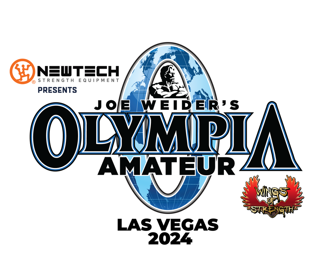 Olympia Amateur logo featuring a bearded man, gym-themed design, and text elements related to tanning services at Resorts World, Las Vegas.