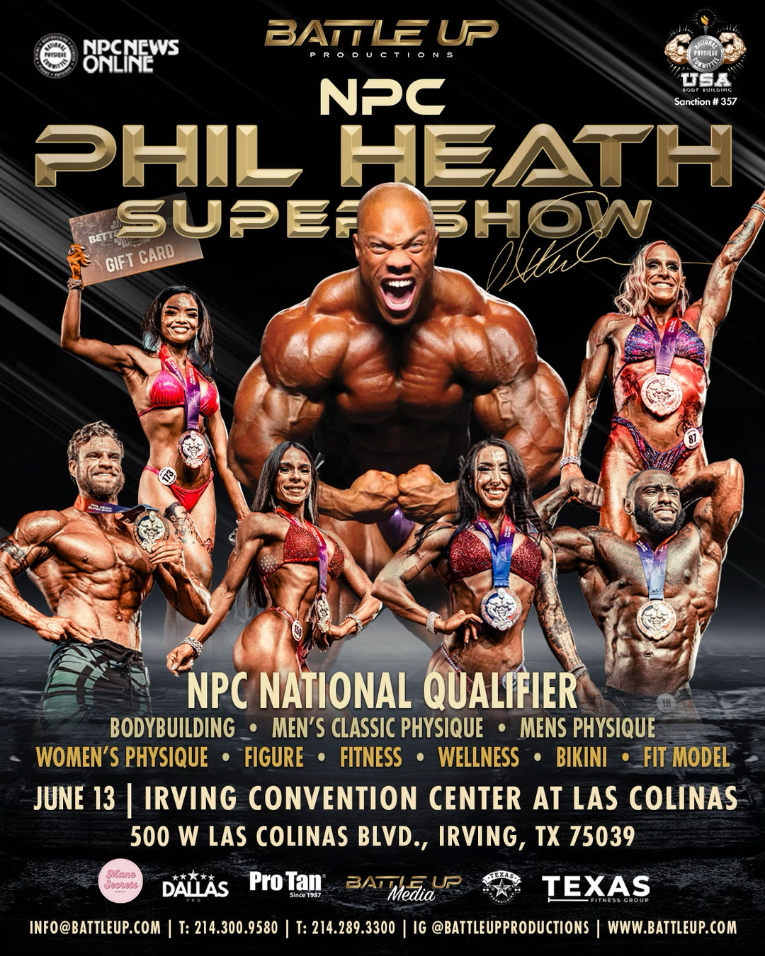 Phil Heath Supershow poster featuring Phil Heath and competitors, highlighting event details, contest categories, and sponsor logos for a national-qualifier bodybuilding competition.